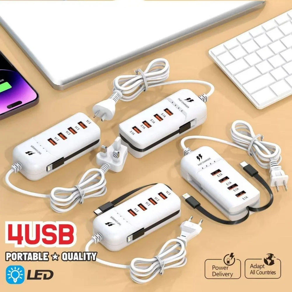 66 واط شاحن يو اس بي 4 منافذ USB مهايئ توزيع نوع C شحن سريع مقبس الطاقة مع نوع C كابل شحن الجدار QC3.0 شاحن السفر