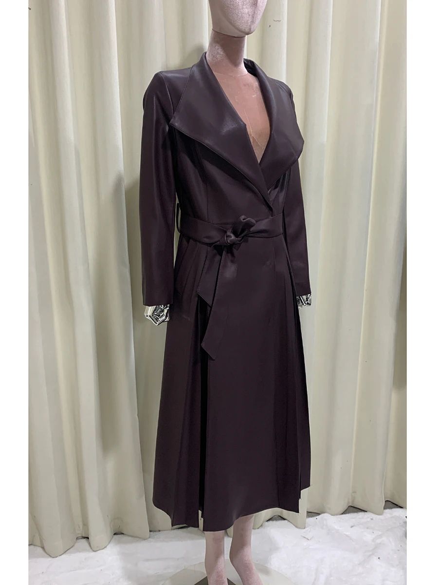 Primavera otoño largo suave falda fluida café Pu abrigo de cuero mujeres chal cuello fajas elegante Chic ropa de diseñador de lujo 2025