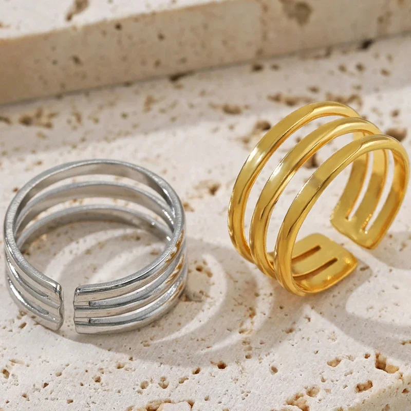 Aesthetic Stainless Steel Smooth Multilayer Rings For Women Geometric Wedding Couple Rings Opening Adjustable Jewelry Gifts image 2