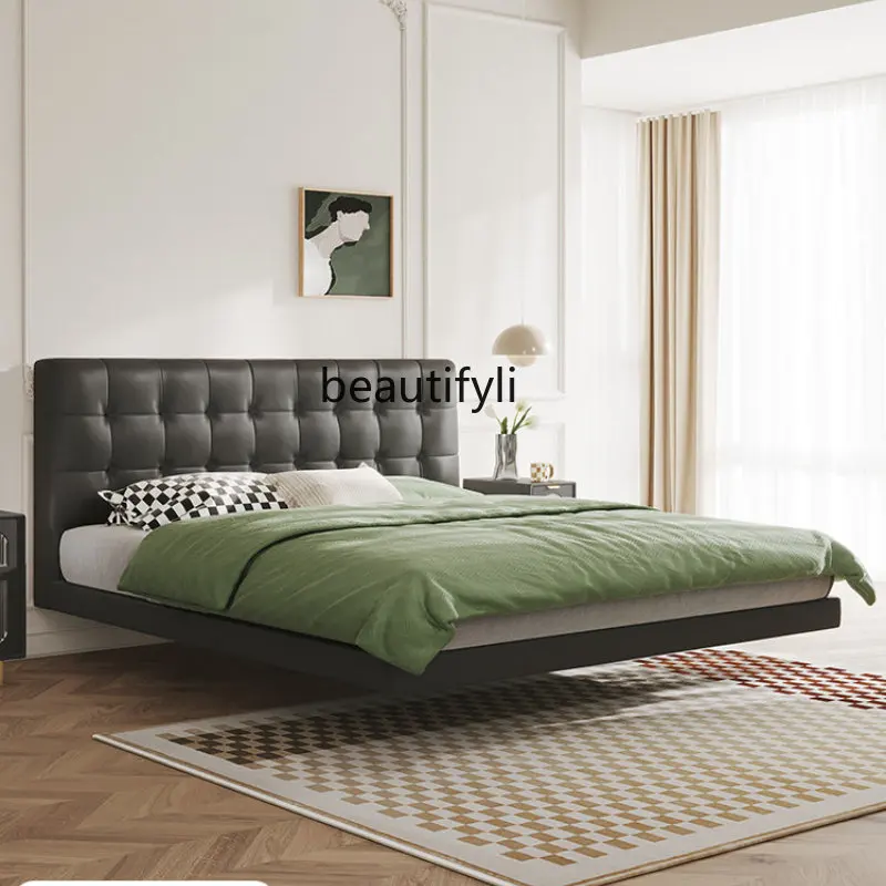 

French Entry Lux Minimalist Suspended Empty Bed New Master Bedroom Double Marriage Bed Cream Style Leather Bed Furniture