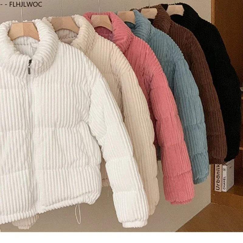 

Women Winter Corduroy Cotton Parka Turtleneck Warm Outerwear Coats Cake Korean Style Cute Girls Short Down Jacket Short Parkas
