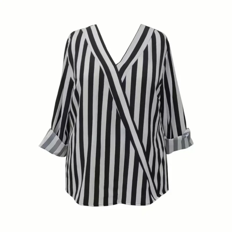 Women Spring Summer Style Blouses Shirts Lady Casual Long Sleeve V-Neck Striped Printed Blusas Tops DF4997