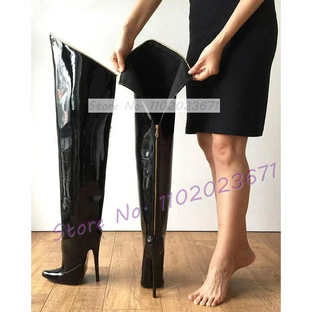 

Широкие женские сапоги до бедра, женские туфли из лакированной кожи с открытой молнией сзади, женские сапоги на очень высоком каблуке 16 см с острым носком