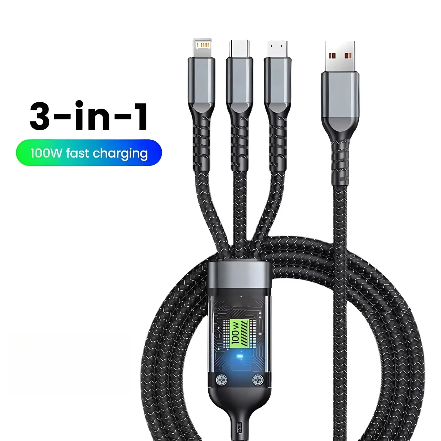 3 In 1 MFi Transparent Pilot Lamp Super Fast Charging Cable 6A Universal with Type C Usb Micro for Samsung Huawei Iphone
