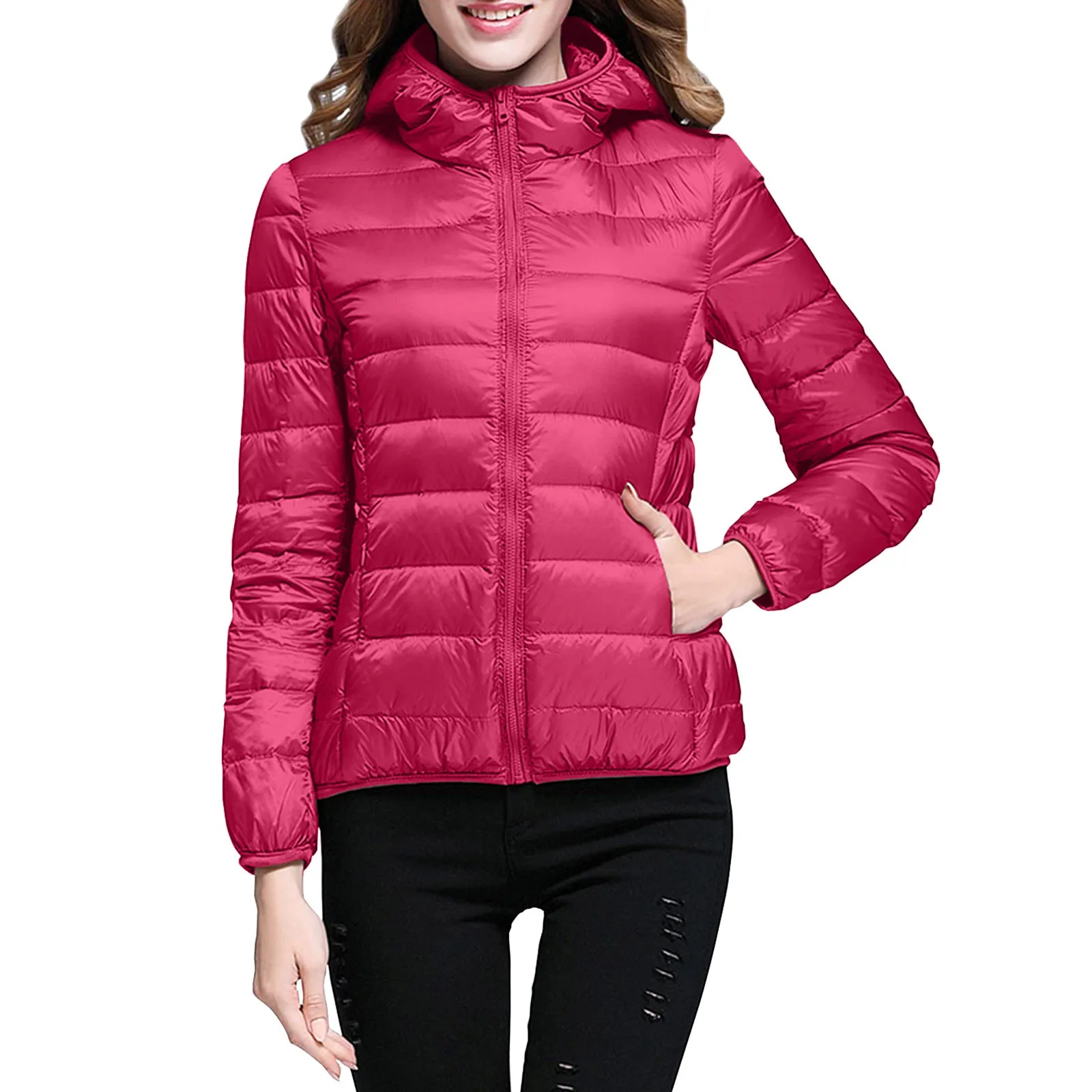 Casual Basics Thermal Winter Jacket Solid Color Ultra Light Down Jacket Female Slim Portable Windproof Hooded Winter Jacket