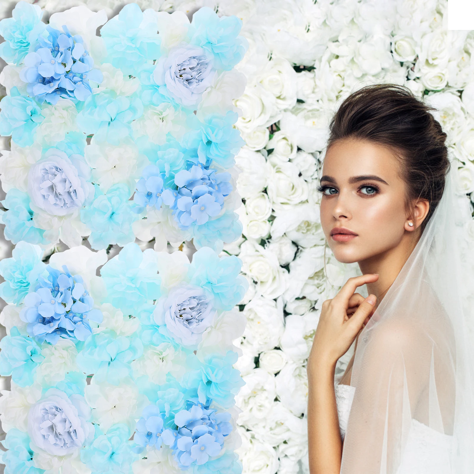 

Wedding Rose Wall Floral Panel Backdrop for Sky-blue Silk Cloth Artificial Flowers