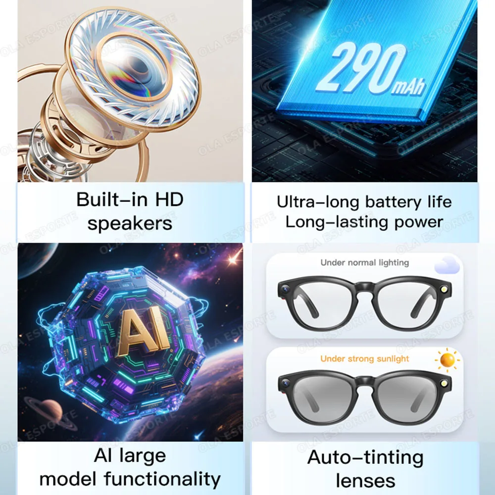 New 4K 800W HD AI Smart Camera Glasses Video Recording Voice Assistant Control Translation Bluetooth Calls Color-change Lenses