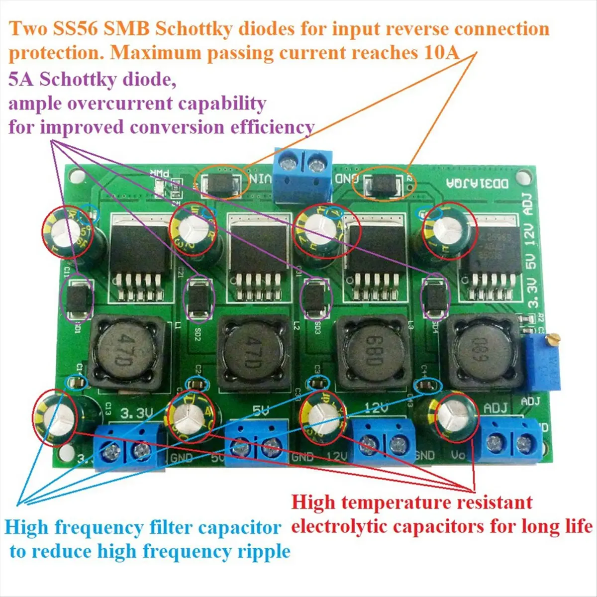 [B63C] 3A 4 Channels Multiple Switching Power Supply Module 3.3V 5V 12V Adjustable Output DC DC Step-Down Buck Converter Board