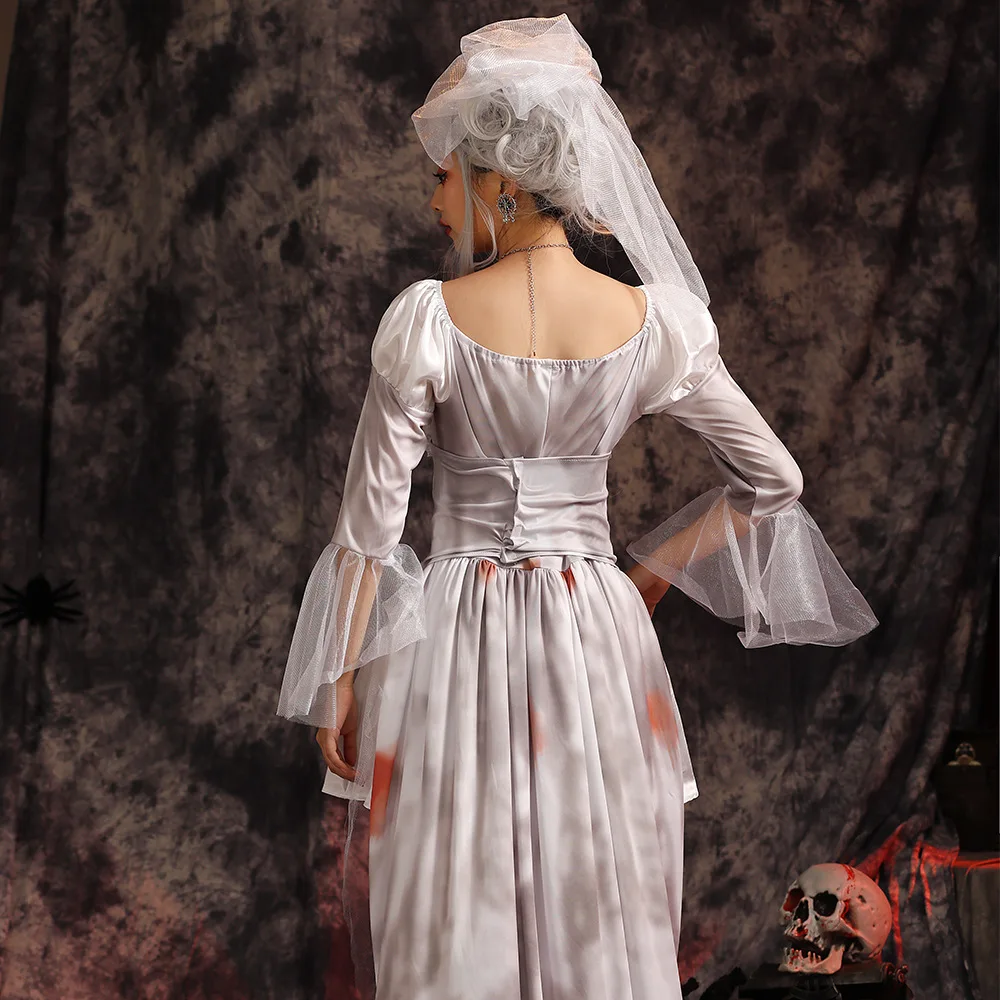 ey Bloodstained Horror Bride Wedding Dr with Veil for Zombie Cosplay Par in Bar Night Club Wedding Ghost Costume