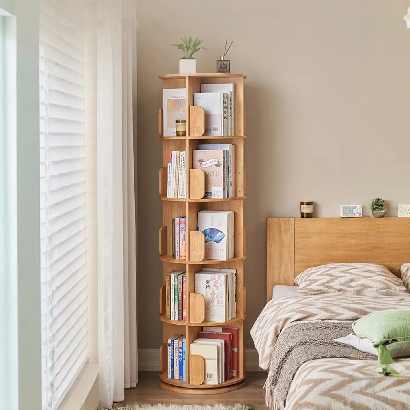 Solid wood rotating 360-degree bookcase, round bookshelf, floor-standing storage rack, bedroom bedside replacement, wall-mounted