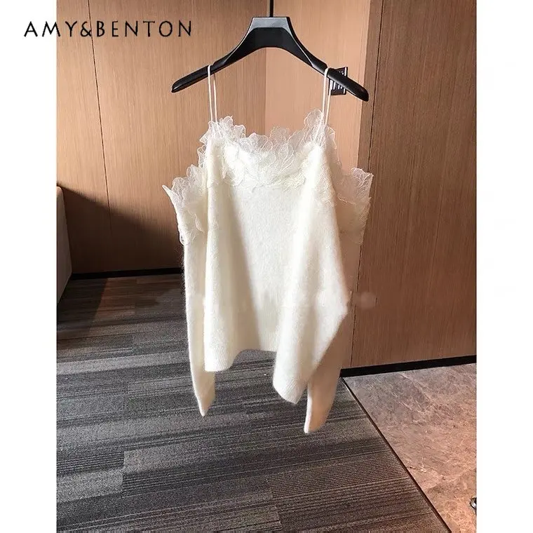 Refined Handmade Lace Off-the-Shoulder Sling Scheming Fairy Sweater for Women Elegant White Knitted Sweater for Ladies New