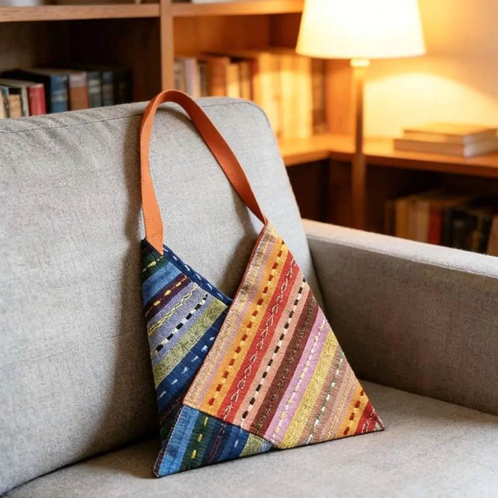 Boho Ethnic Patchwork Triangle Shoulder Bag Handmade Textile Tote Stylish Casual Commuter Practical Purse
