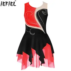 Kids Girls Figure Skating Costume Ballet Lyrical Dance Dress Gymnastics Leotard Tutu Rhinestone Sleeveless Competition Dancewear