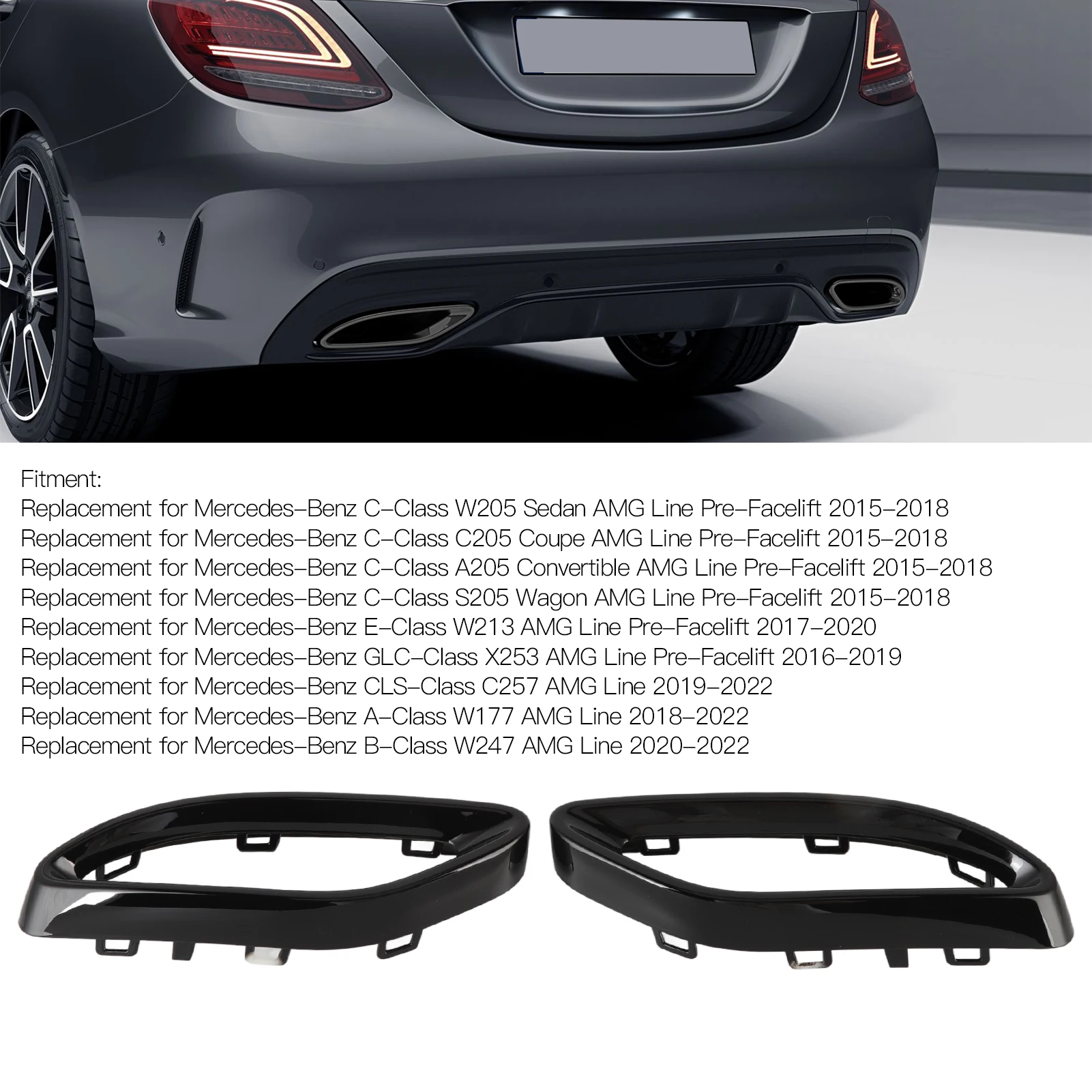 Gloss Black Exhaust Tip Cover Trims Replacement For Mercedes‑Benz A B C E GLC CLS‑Class W177 W247 W205 W213 X253 C257