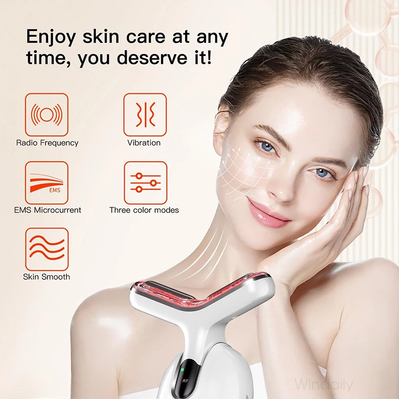 EMS Face คออุปกรณ์ยกการสั่นสะเทือนเครื่องนวดหน้า LED Light Therapy เครื่องกระชับผิวริ้วรอย Remover Skin Care เครื่องมือ