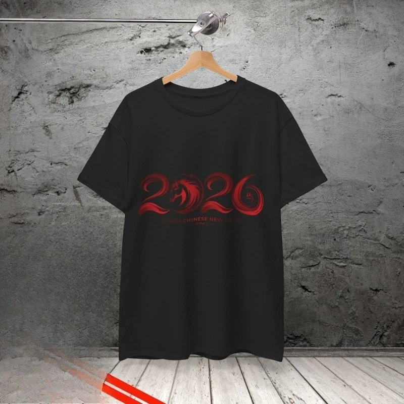 Year of Horse 2026 Unisex Shirt Lunar New Year Chinese Zodiac Simple Letters Printed Cotton T-shirt Tops Crewneck Fashion Tees