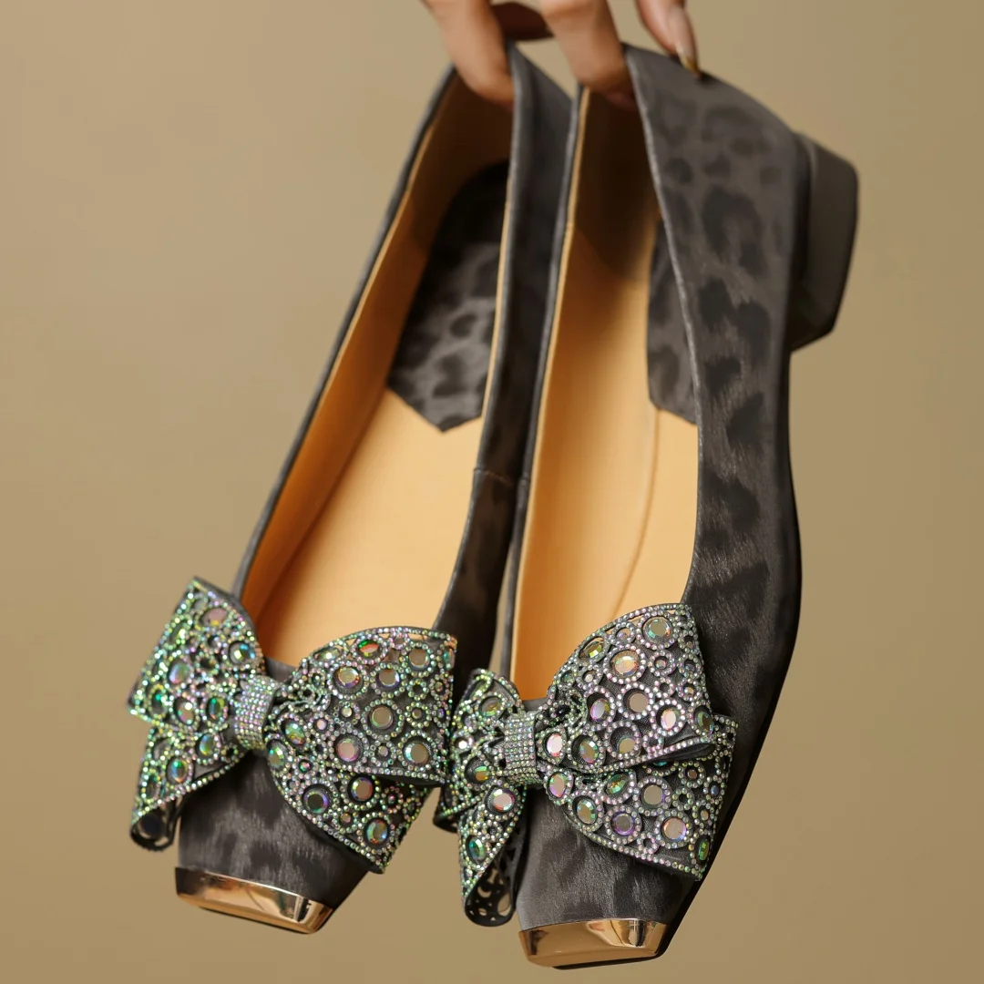 

Women's leopard genuine leather square toe slip-on flats crystal big bowtie sweet ladies daily slim dress shoes for woman 2025
