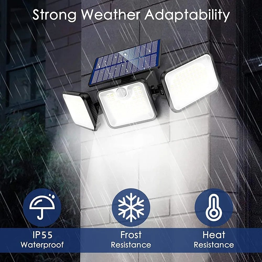 مصباح جداري يعمل بالطاقة الشمسية مقاوم للماء في الهواء الطلق، 3 مصابيح حديقة شمسية LED قابلة للدوران للحديقة والفناء، مع وظيفة استشعار الحركة #2