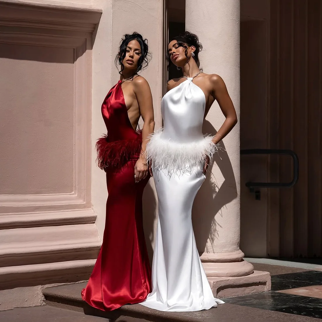 

Halter Feather Dress Evening Club Wear Dresses 2025 Women Fall Winter Clothes Luxury Outfits Sexy Bodycon Maxi Party Solid Dress