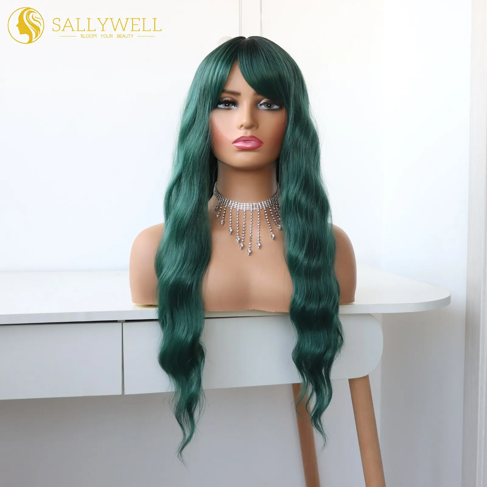 Long Wavy Green Wig With Bangs Heat Resistant Synthetic Fiber Ombre Dark Green Wig Dark Roots Loose Curly Wave Wig