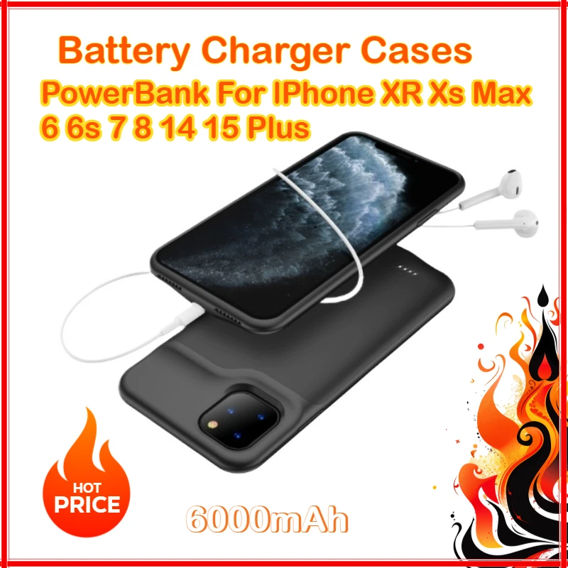 

Чехол-зарядное устройство емкостью 6000 мАч для IPhone XR Xs Max 6 6S 7 8 14 15 Plus PowerBank для IPhone11 12 13 14 15 Pro Max, чехол для зарядки