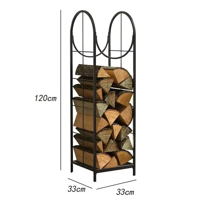 American Black Wrought Iron Floor Standing Log Storage Rack With Partition Decorative Wood Display Shelf for Home Living Room