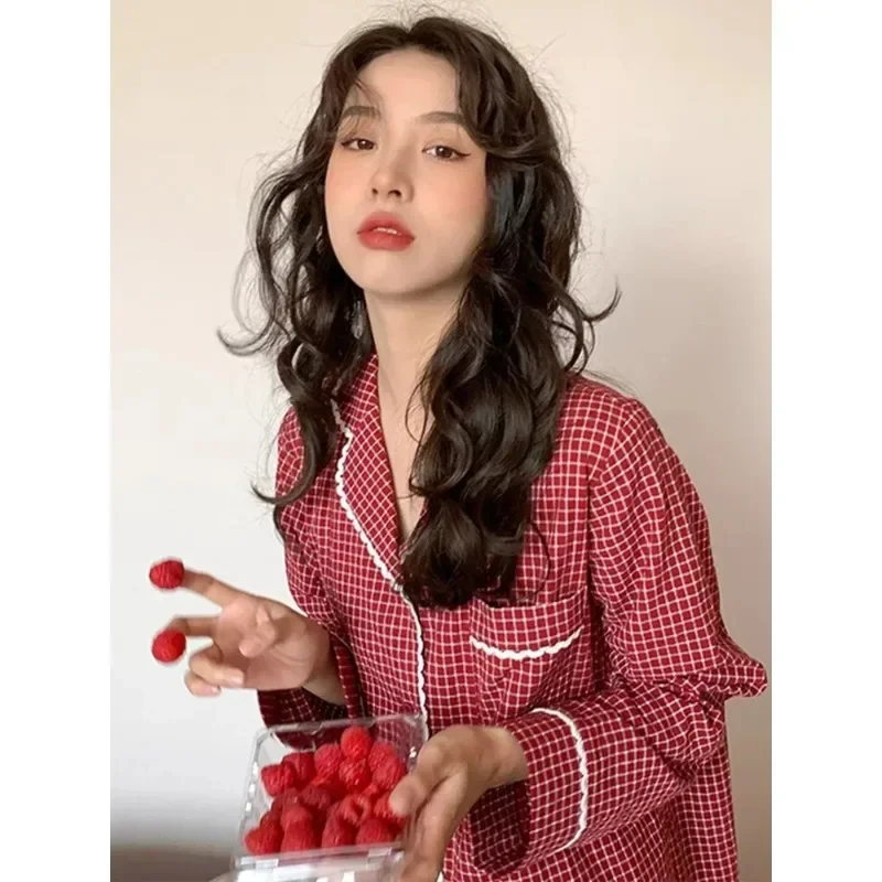 

Красные клетчатые пижамы женские весенне-осенние новые студенческие тонкие осенне-зимние повседневные комплекты домашней одежды с длинными рукавами