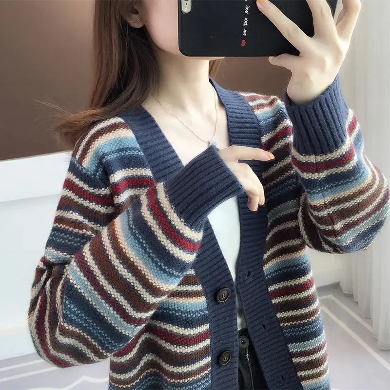 2022 Winter Vintage Striped Loose Casual Sweater Cardigan Ladies Fashion All-match Button Up Top Women Knitting Coat Outwear