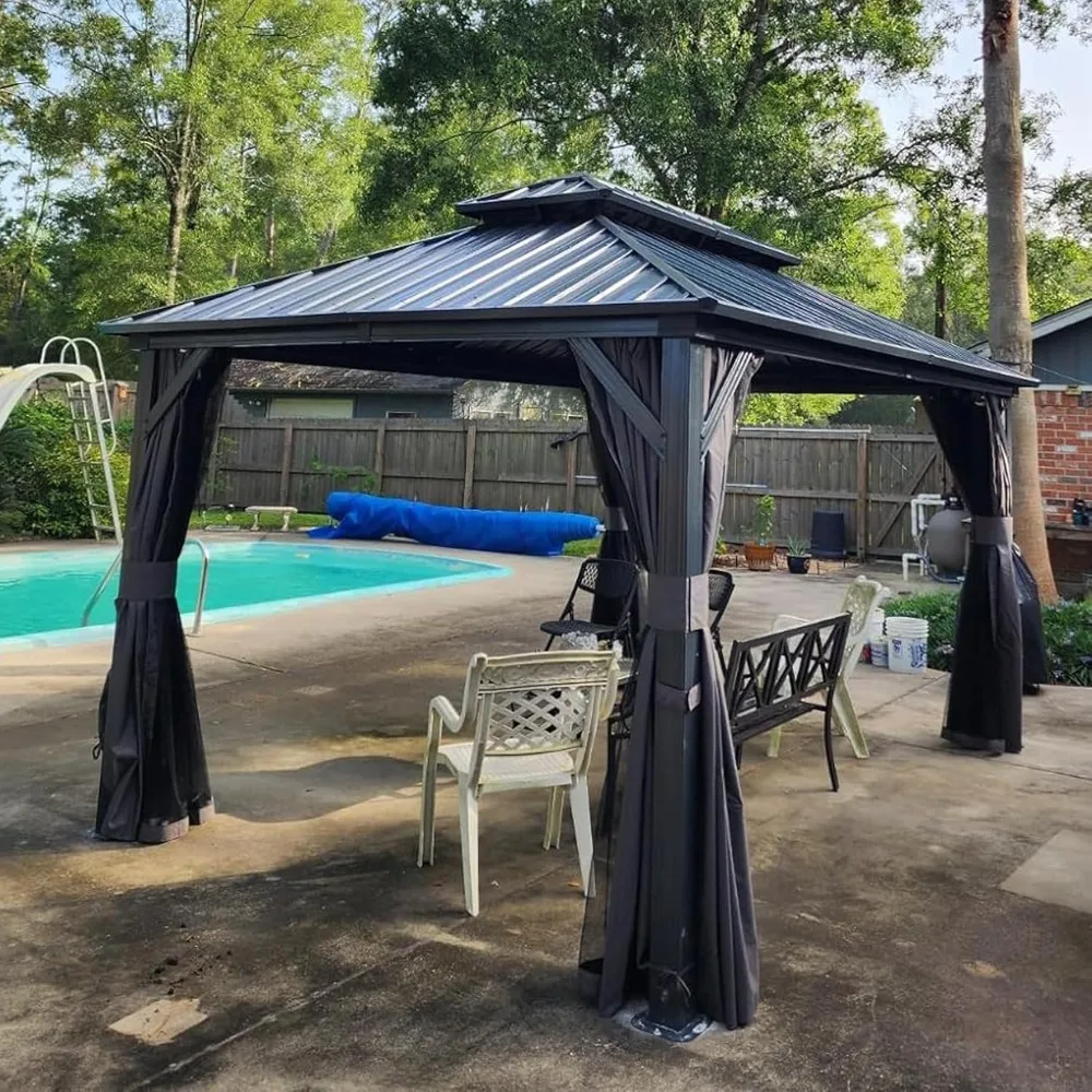 

gazebo.12’ X 12’ Hardtop Gazebo Canopy with Netting & Curtains, Outdoor Aluminum Gazebo with Galvanized Steel Double Roof