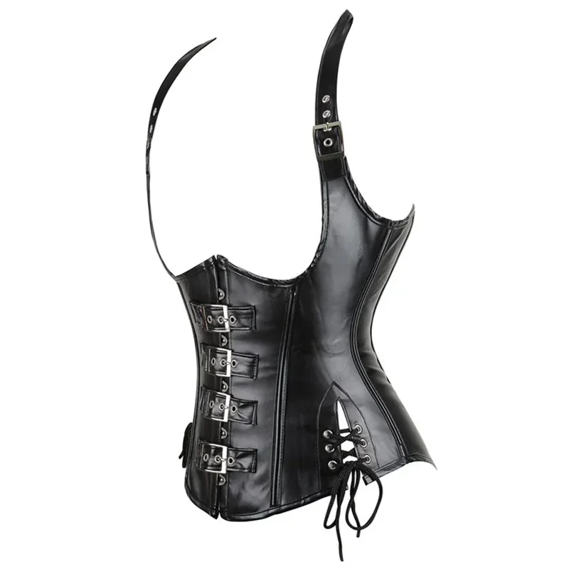 Faux Leather Corset with Halter Strap Women Sexy Buckled Steampunk Bustier Body Shaper Waist Trainer Vest Underbust Corselet