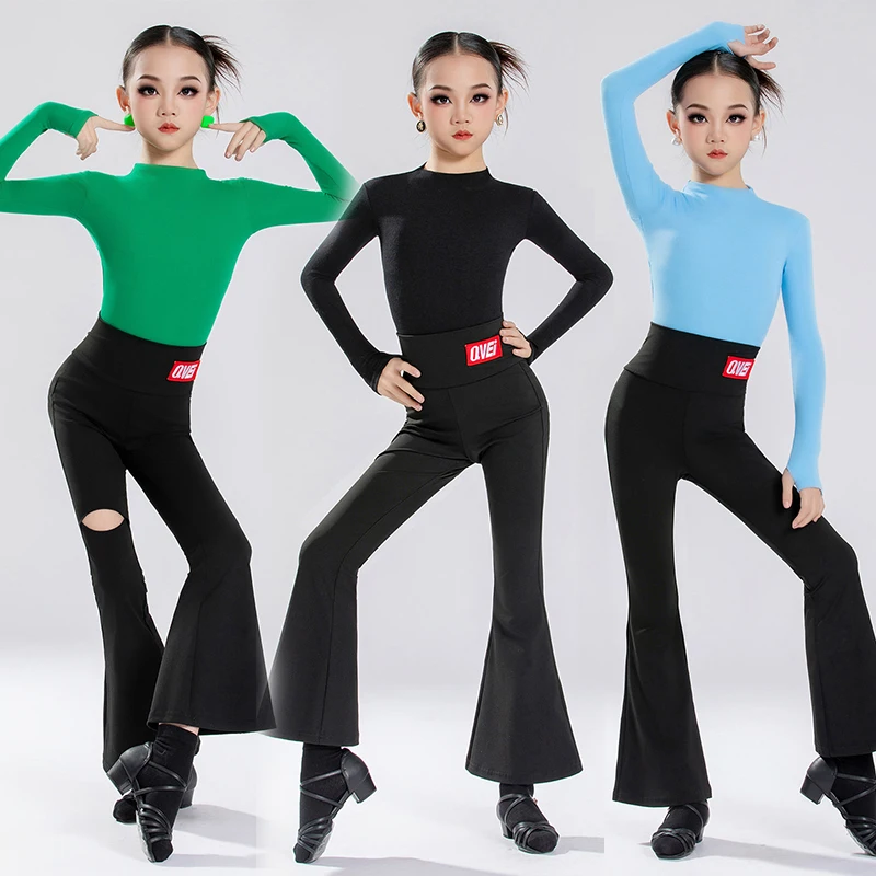 

Детская тренировочная танцевальная одежда для девочек, костюм для латинских бальных танцев, с длинными рукавами и открытой спиной, топ для латинских танцев, брюки-клеш DW11209