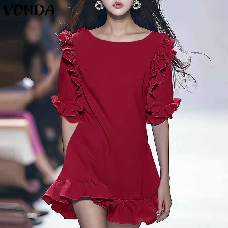 VONDA Women Mini Dress 2025 Elegant Ruffled Sundress Casual Half Sleeve Solid Sundress Summer Holiday Lady Vestidos Robe