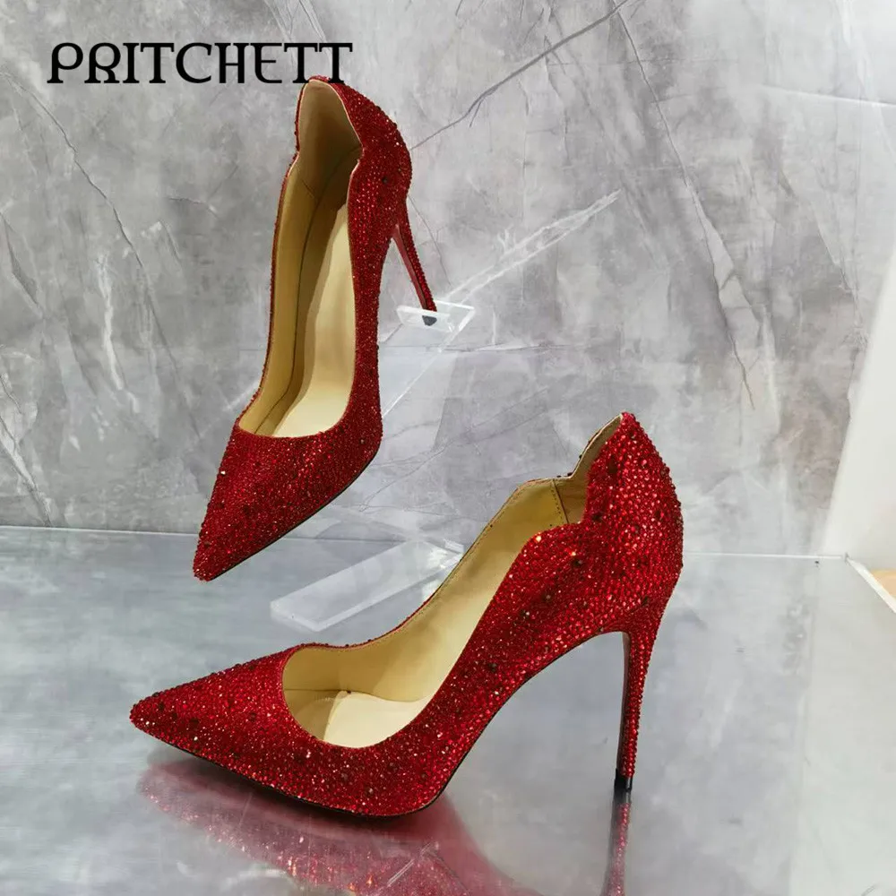 Zapatos de tacón alto puntiagudos con diamantes de imitación dorados para mujer, tacones de aguja rojos, sin cordones, Sexy, a la moda, talla grande