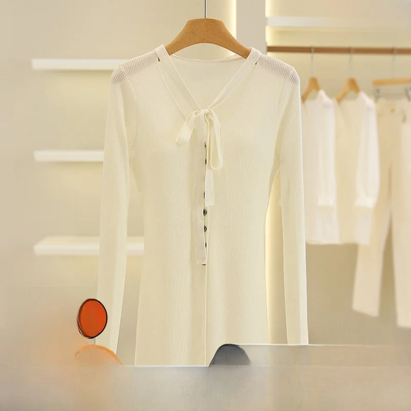 سليم صالح لون نقي محبوك سترة مفتوحة المرأة Faion تخفيف Sle زر واحد التعادل الخصر الخامس Ne Long Sve سترة #1