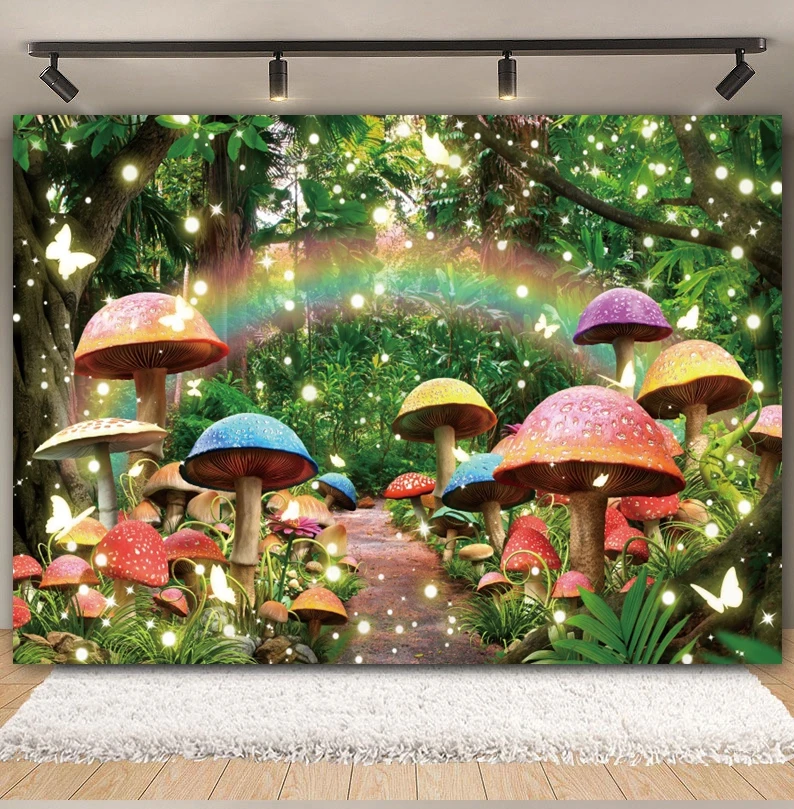 Fairy Tale Enchanted Forest Backdrop Dreamy Mushroom Jungle Wonderland Baby Birthday Party Photography Background Photo Studio