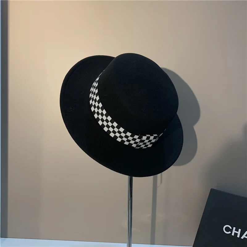 UMI MAO Checkerboard Wool Hat Autumn Winter Light Luxury Wild Lady Flat Fashionable High-end Wide Brim Tide Femme Y2K Derbies