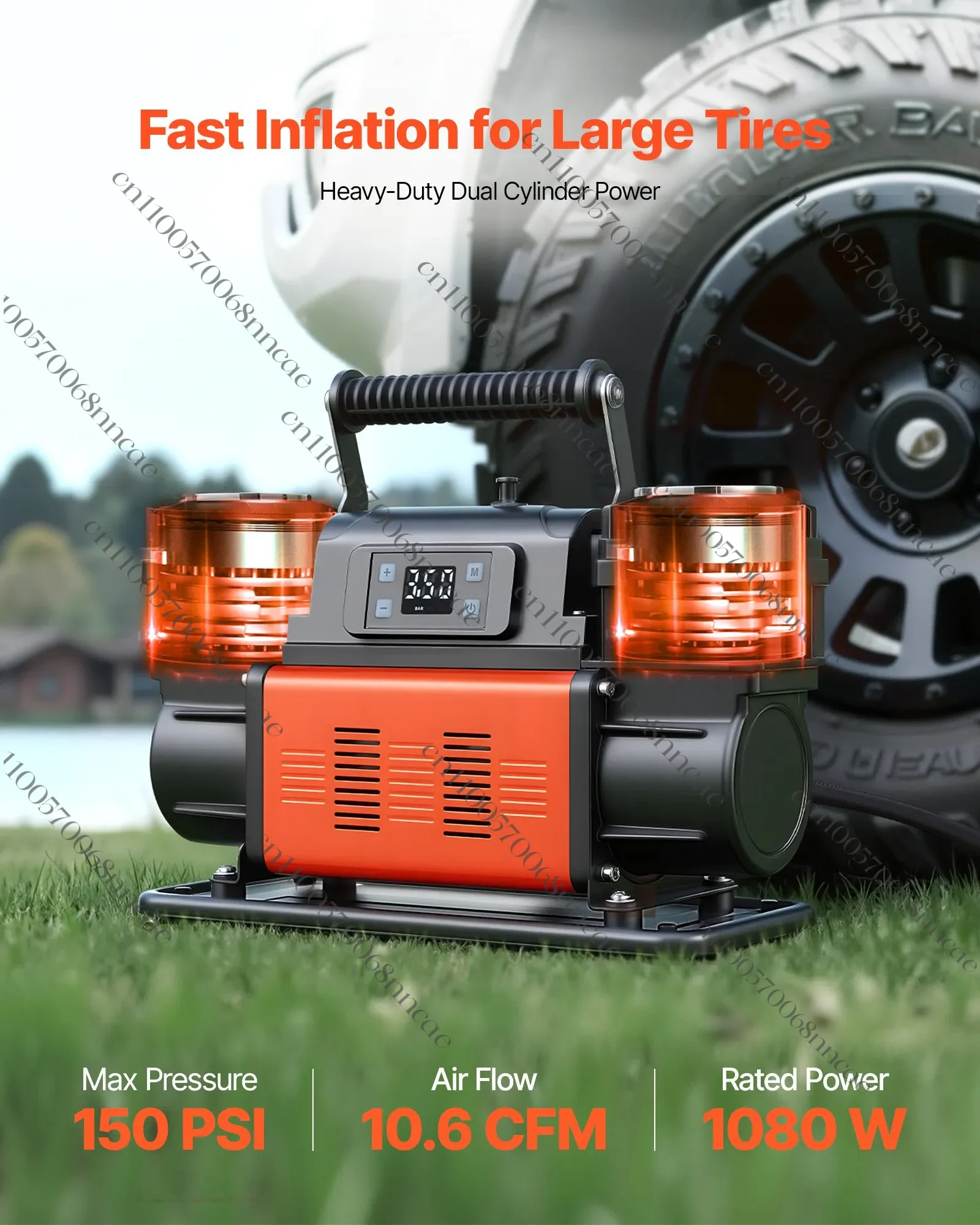 12V Heavy Duty Dual Cylinder Air Compressor, 10.6 CFM Portable Tire Inflator with Auto-Stop & LCD