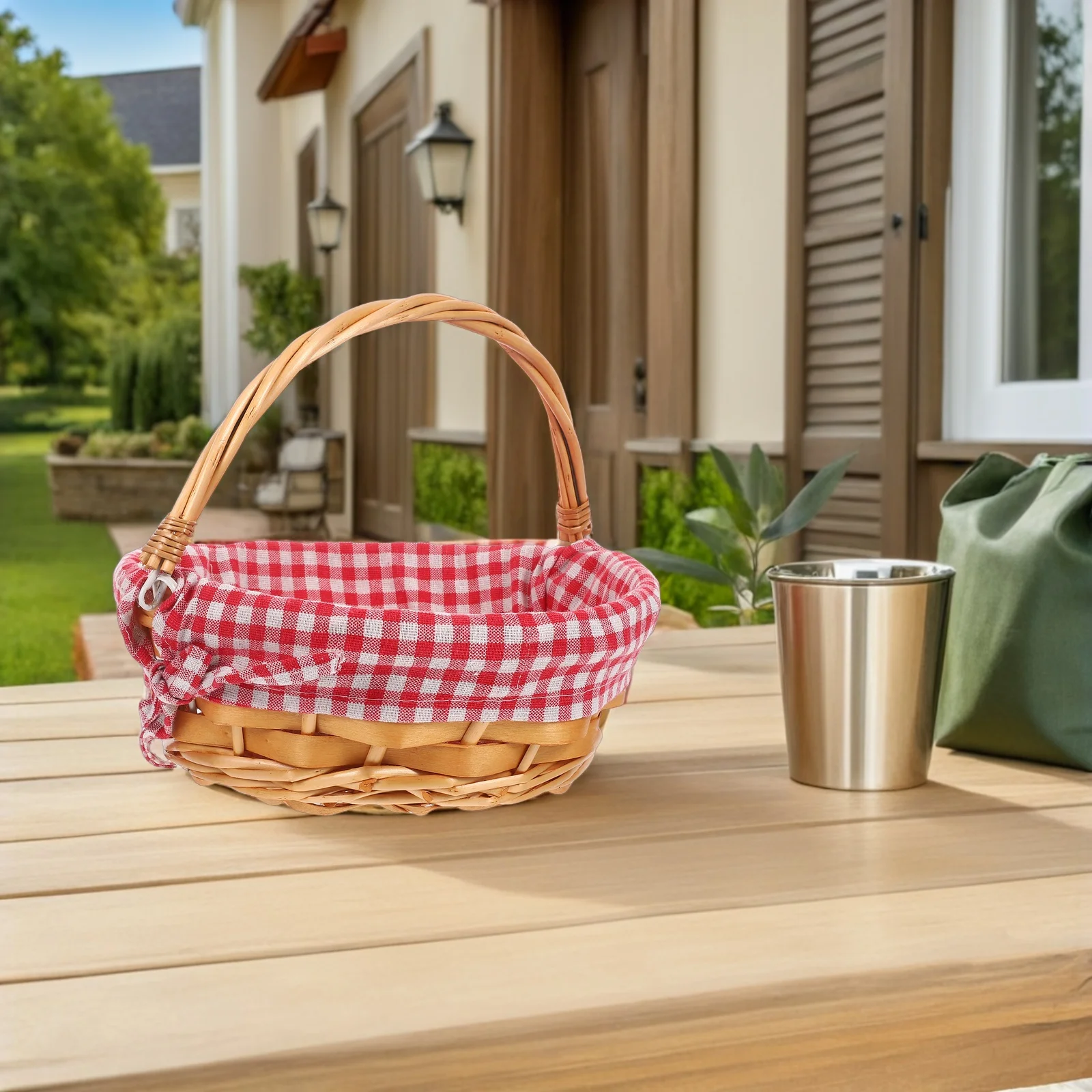 

Handwoven Wicker With Handle Natural Willow Storage Basket For Eggs Fruits Vegetables Portable Picnic Kitchen Organizer, Round