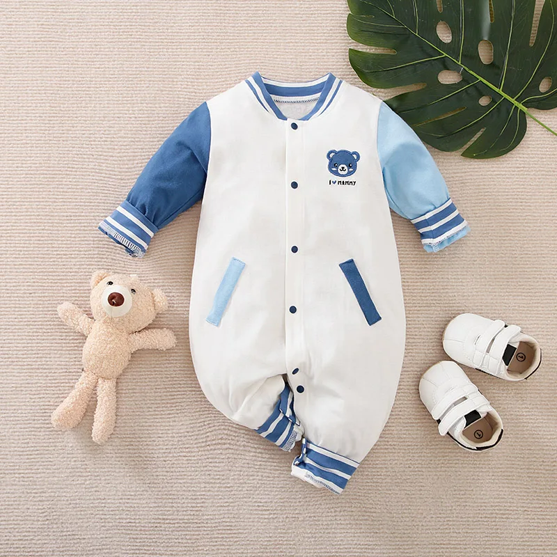 New designer clothing blue and white bear pattern animal series 100 cotton spring and fall long-sleeved baby onesie