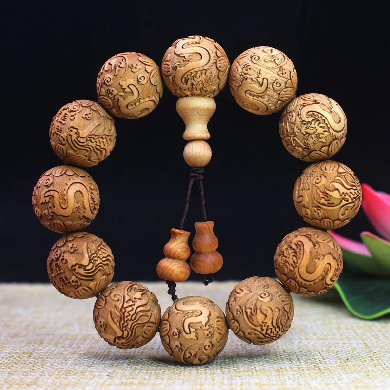 20mm Natural Thuja Cypress Wooden Creative Full Carved Buddha Beads Bracelet Dragon Phoenix