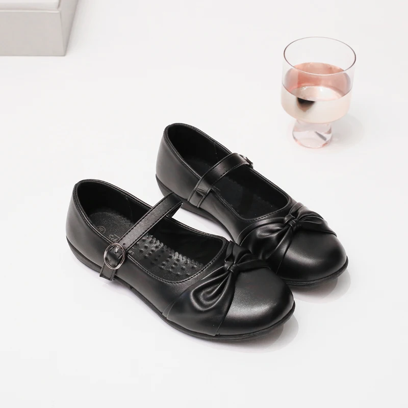Girls Black Mary Jane Shoes Kids School Uniform Shoes with Bow-knot Fashion Children Flats Leather Shoes for Party Wedding