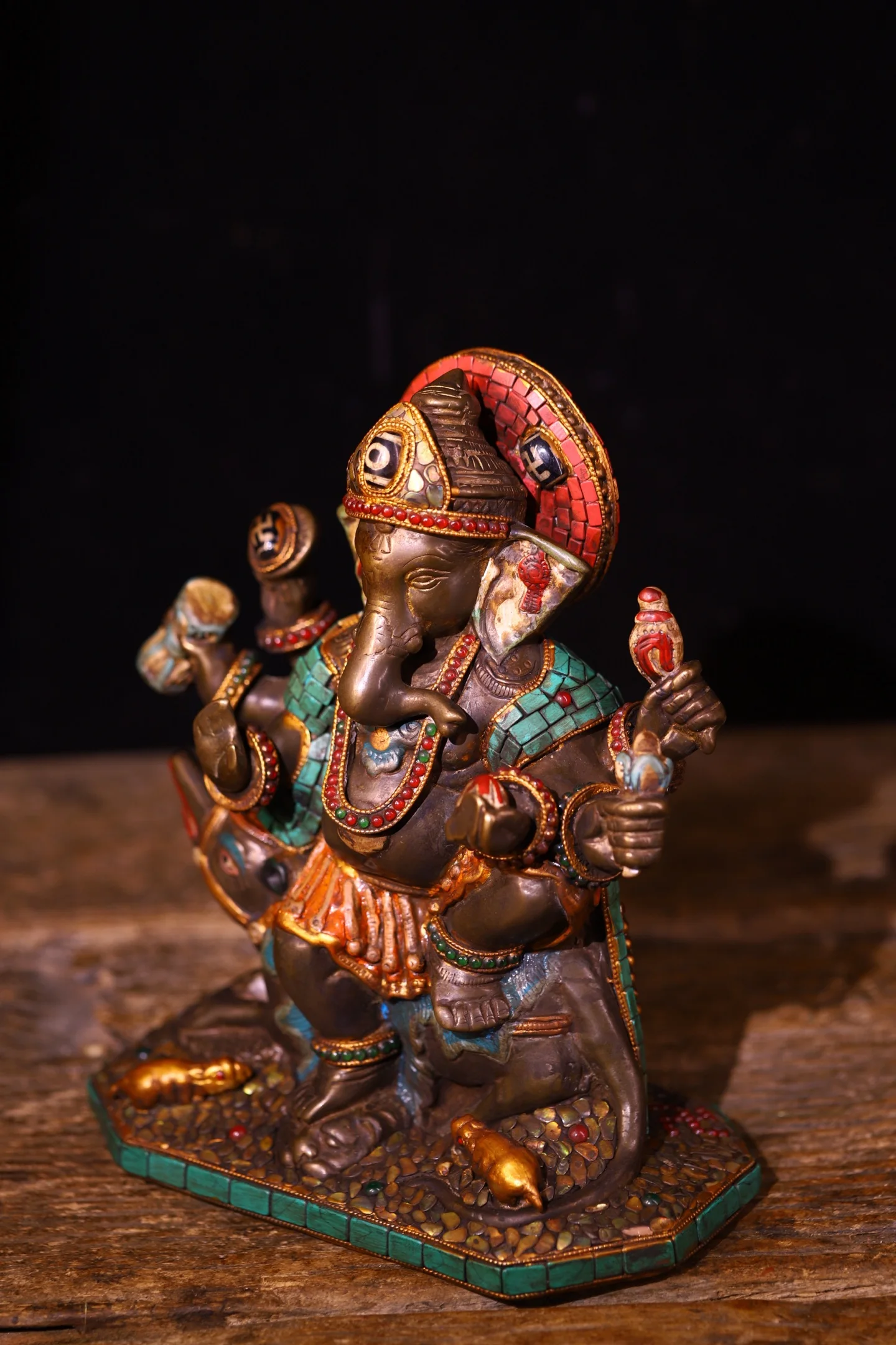Old Lima Copper Mosaic Gem gZi Beads Turquoise Six arms Ganesha Divine beast mount Sitting Buddha Worship Hall Town house