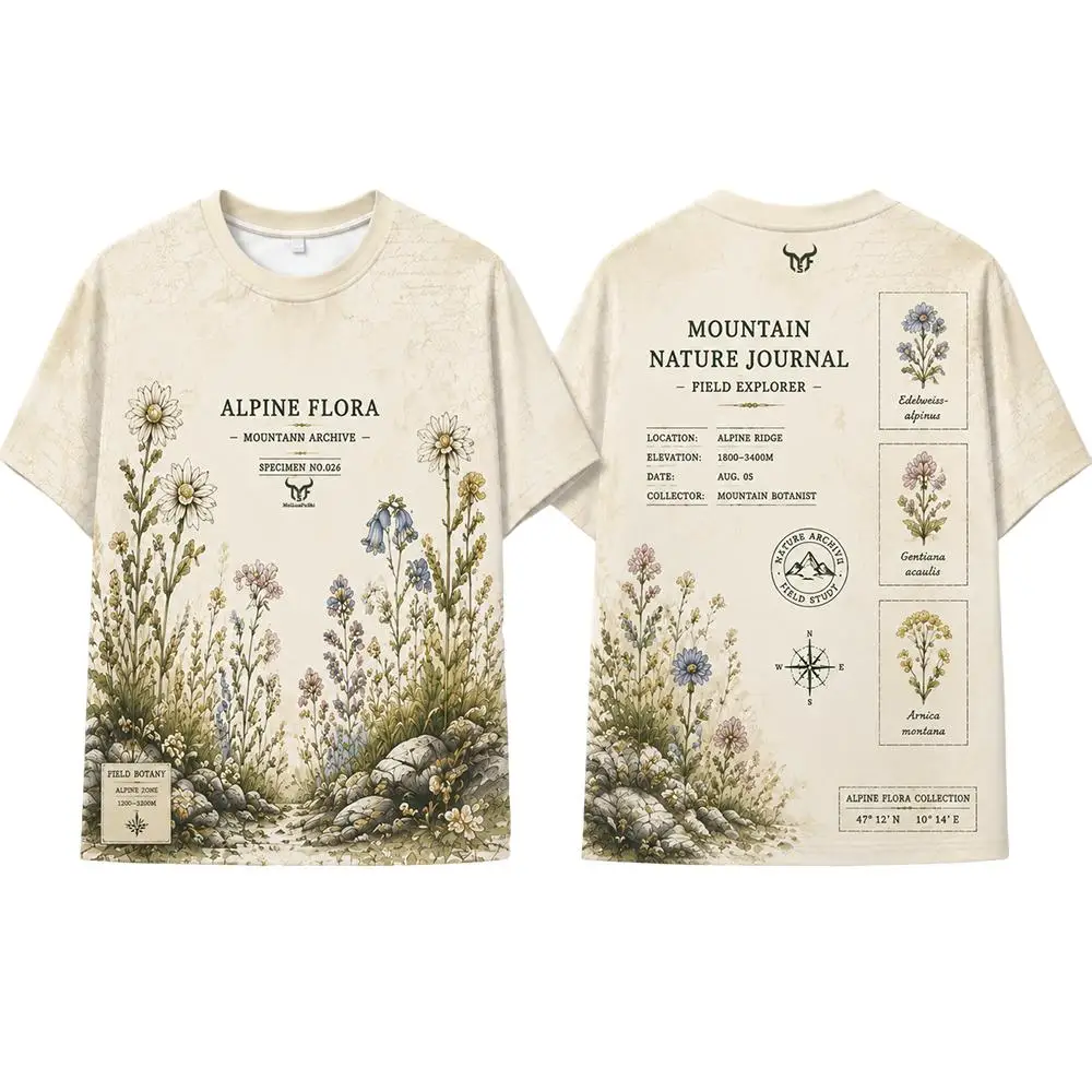 Vintage Alpine Flora Graphic T-shirt Boho Outdoor Botany Short Sleeve Top Men's And Women's Fashion Casual Summer O-neck Tee