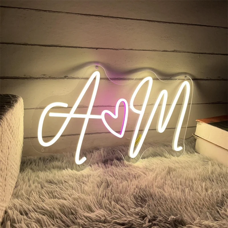 Custom Initials Heart LED Neon Sign, Last Name Couple Name Neon Light Home For Minimalist Wedding Party Backdrop Wall Decor Gift