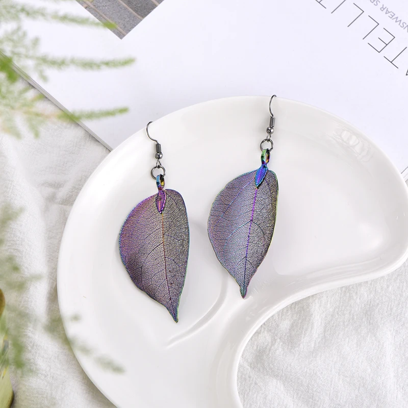 Colorful Unique Filigree Natural Real Leaf Earrings For Women Big Jewelry Wedding Long Drop Dangle Party Gift Pendientes Mujer