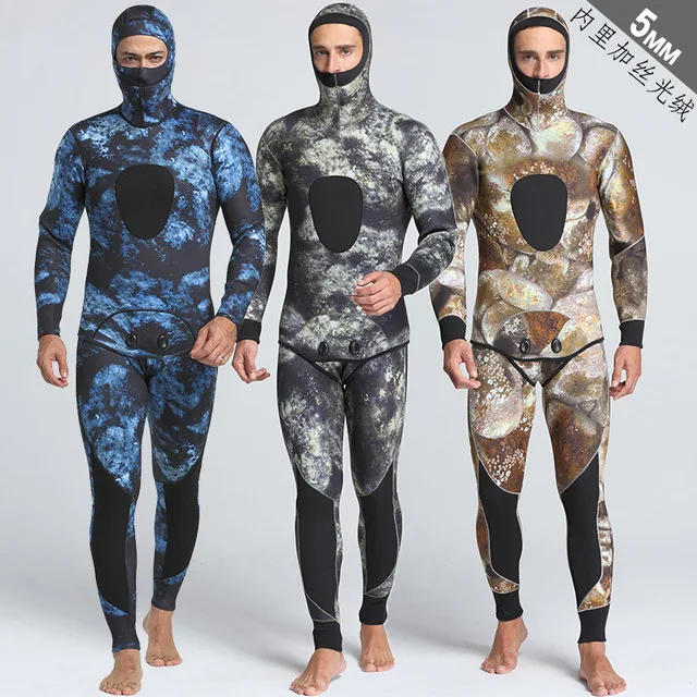 5MM Neoprene Keep Warm Open Cell Spearfishing Wetsuit Hooded 2Pieces Scuba Surfing Jacket+Pants Snorkeling Full Body Diving Suit