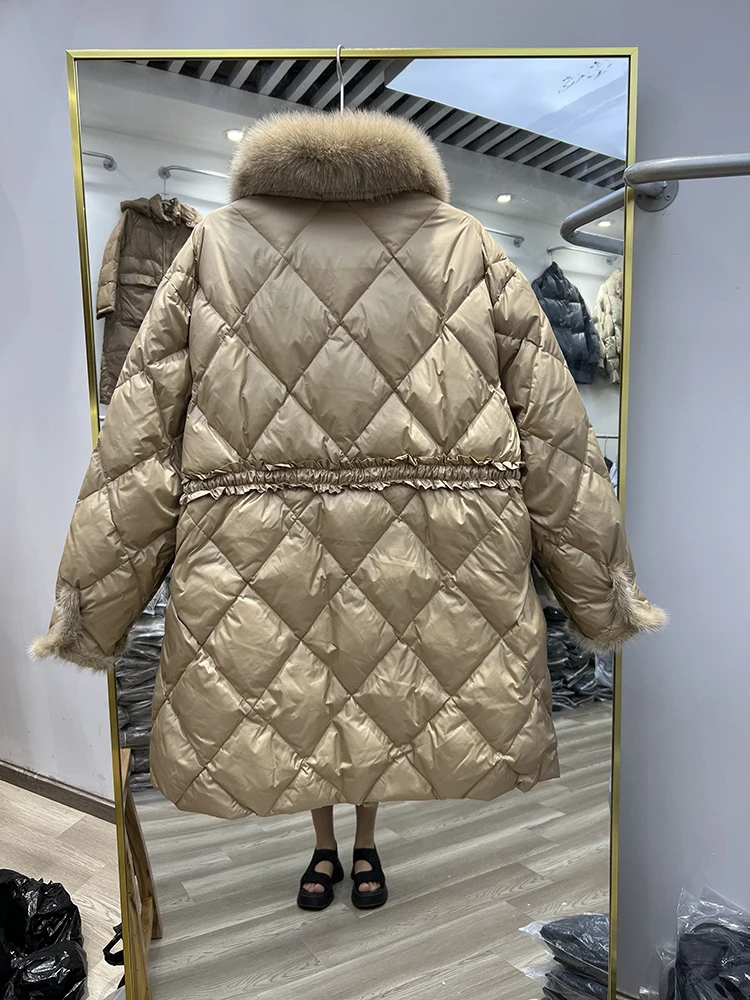 Real Fox Winter Women Winter New Down Coats Female Loose White Duck Down Jackets Ladies Thick Warm Long Overcoats 2023