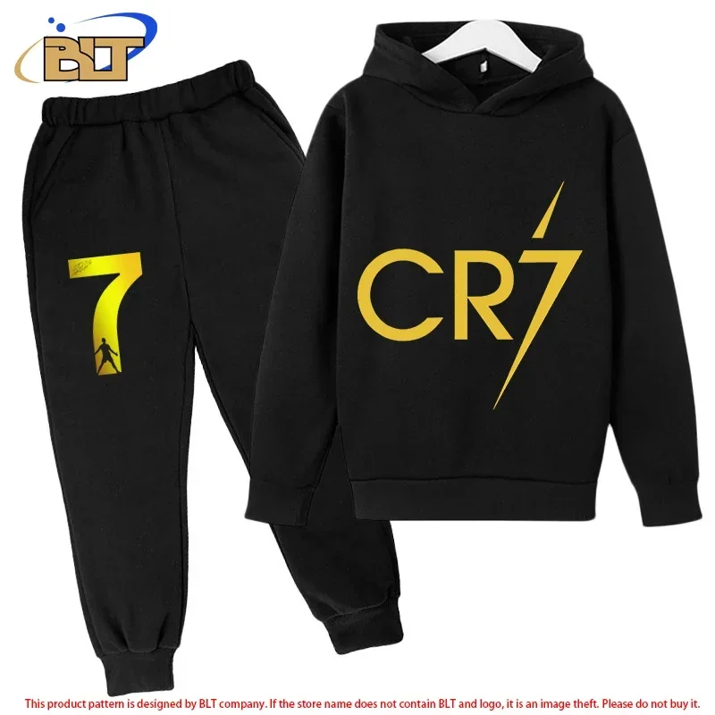 Ronaldo avatar printed children\'s sports hoodie set plus velvet sweatshirt pants 2-piece set for boys and girls