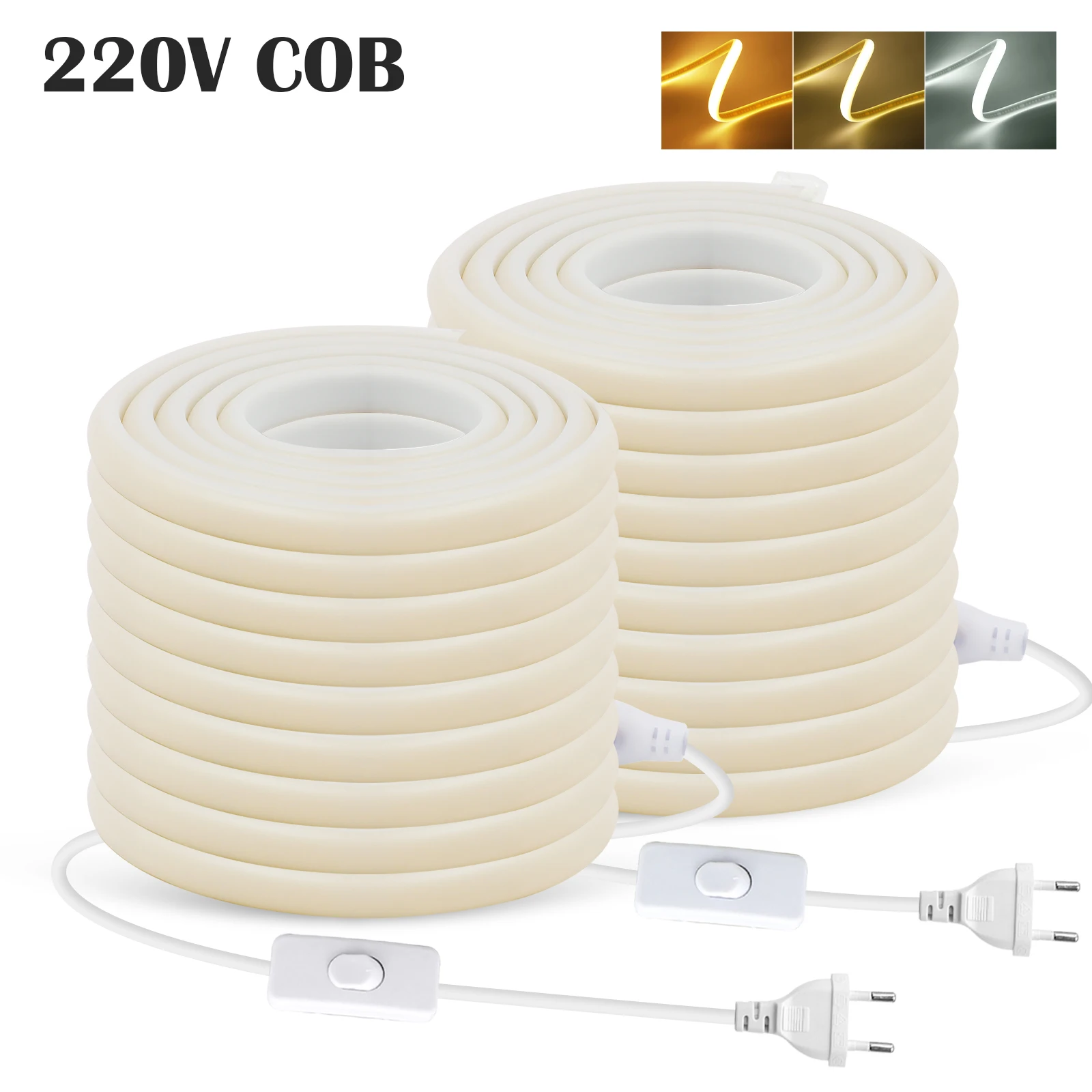 Waterproof COB LED Strip Light 220V 288Leds/M Flexible LED Neon Light With Switch UK EU Plug RA90 High Density Linear Lighting