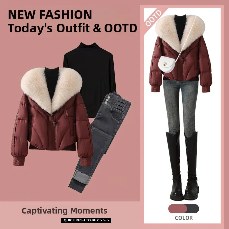 

Осенне-зимний комплект джинсовой футболки с высокой талией, женское модное пальто с меховым воротником, хлопковая одежда, корейский Sle